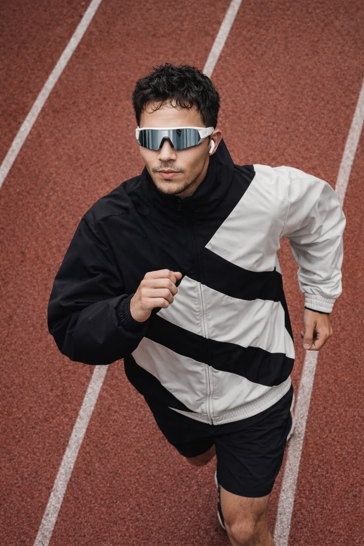 A runner in a colour-blocked jacket glancing at the camera on a track